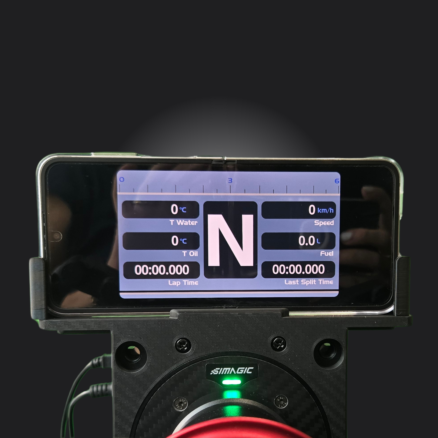 Simagic Phone Holder Dashboard displaying real-time racing data on smartphone for enhanced driving experience.
