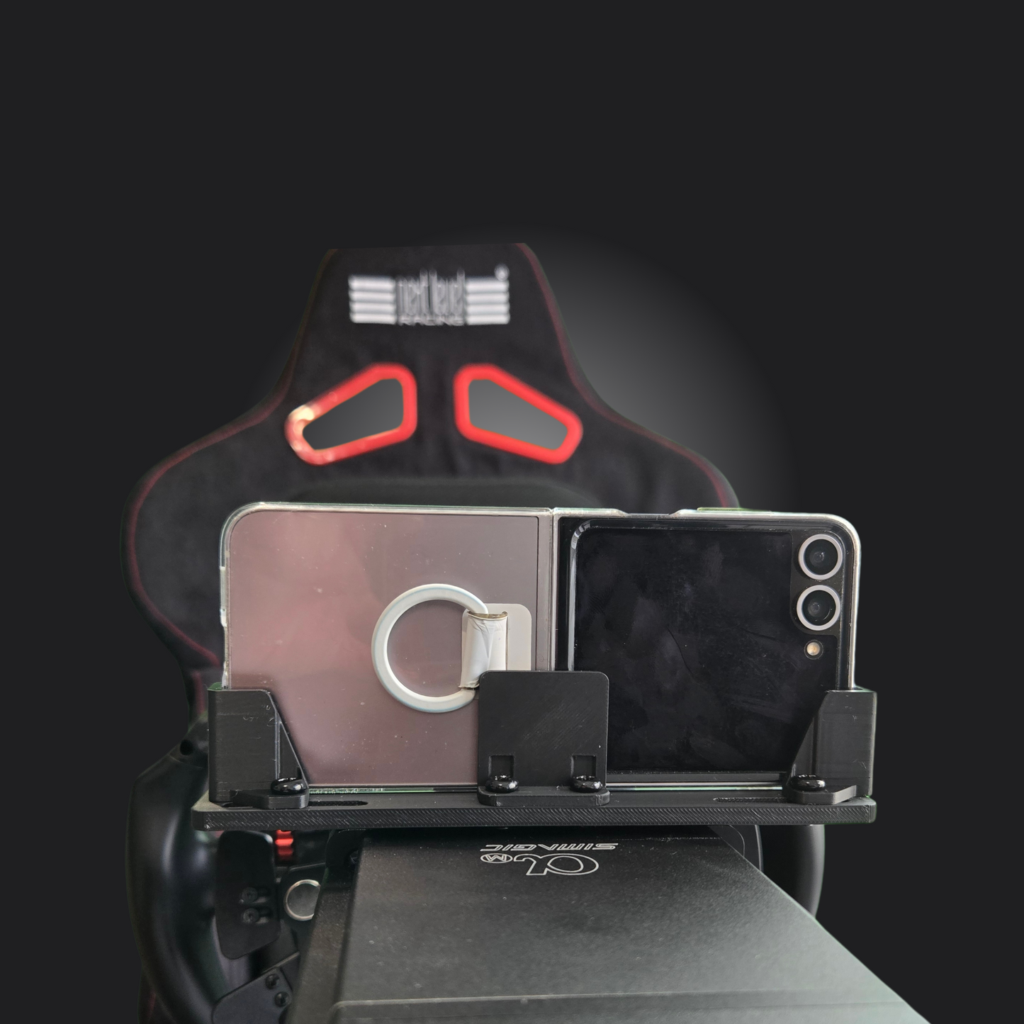 Simagic Phone Holder Dashboard displaying a smartphone mounted securely for racing immersion.