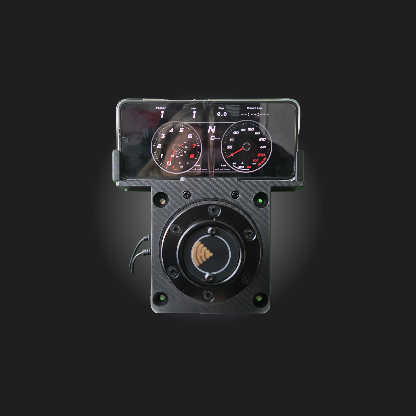 Simagic Phone Holder Dashboard showing racing gauges for an immersive driving experience.