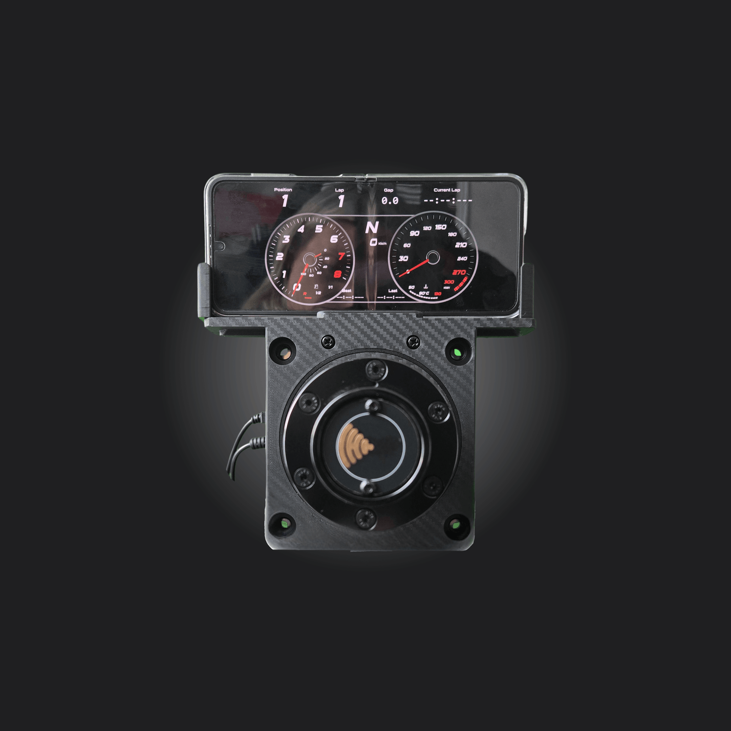 Simagic Phone Holder Dashboard showing racing gauges for an immersive driving experience.