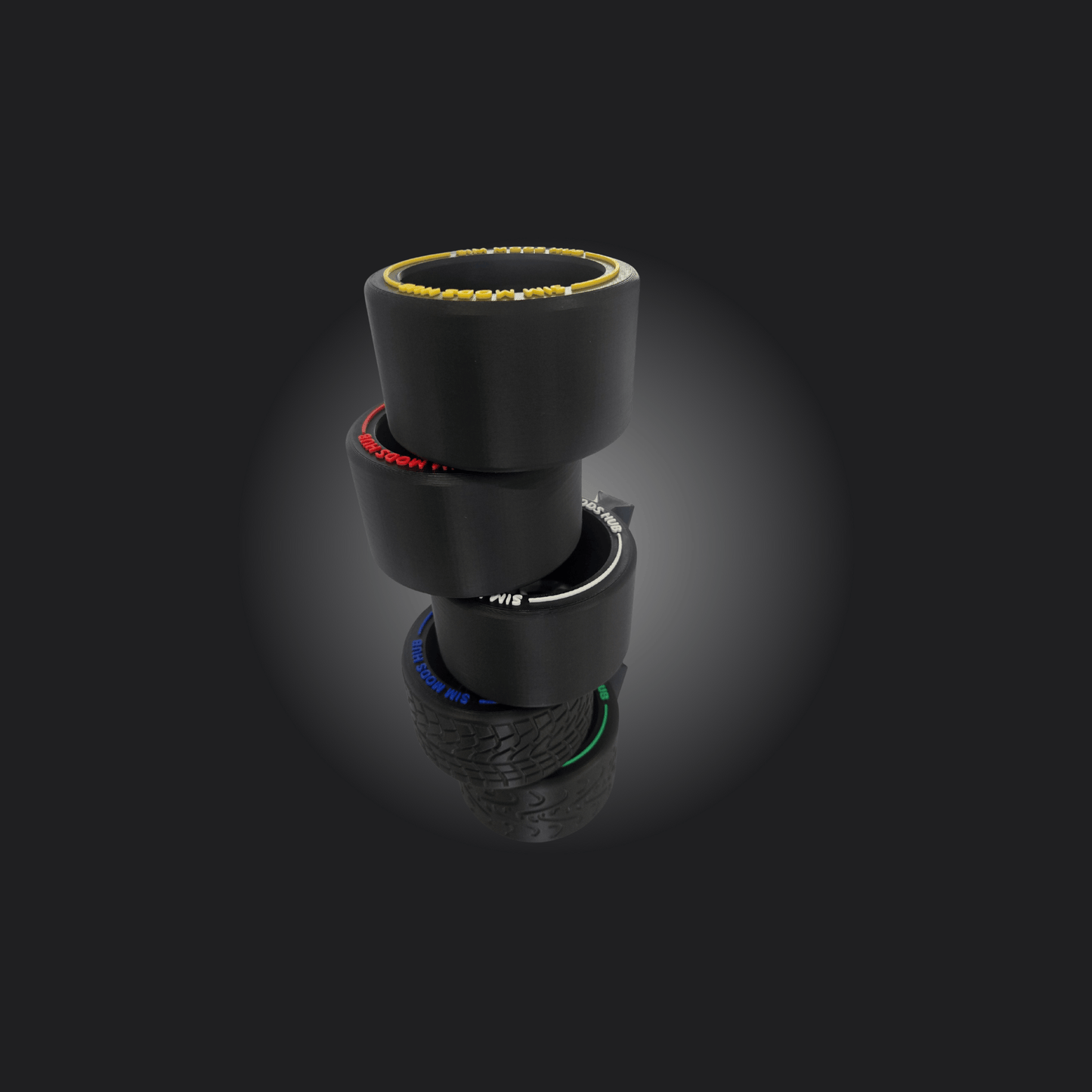 F1-Style Cup Holder for Sim Rigs showcasing stacked racing tires with colorful markings.
