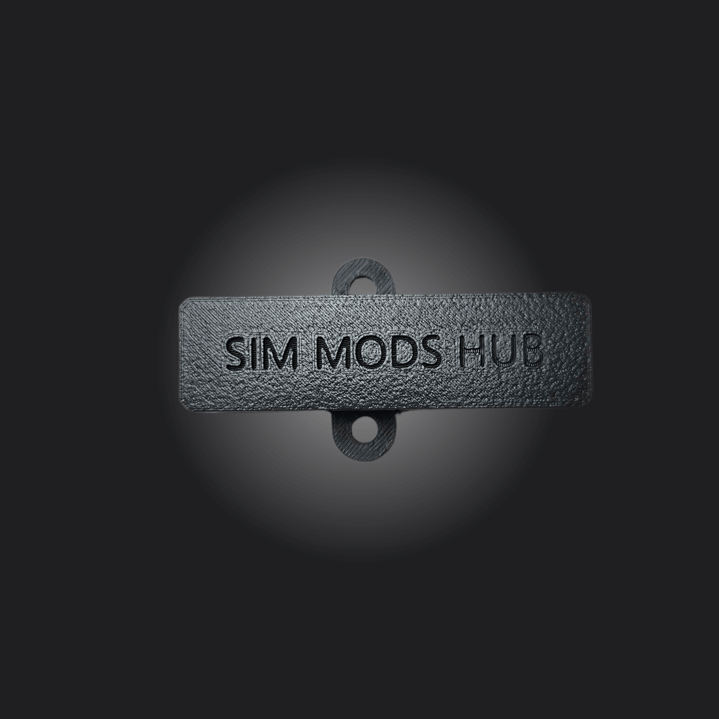 Black SIM MODS HUB sign on a dark background, showcasing sim racing accessories and upgrades.