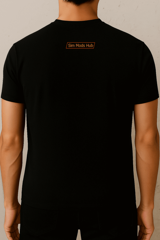 Back view of a black t-shirt featuring the 'Sim Mods Hub' logo, designed for sim racing enthusiasts.