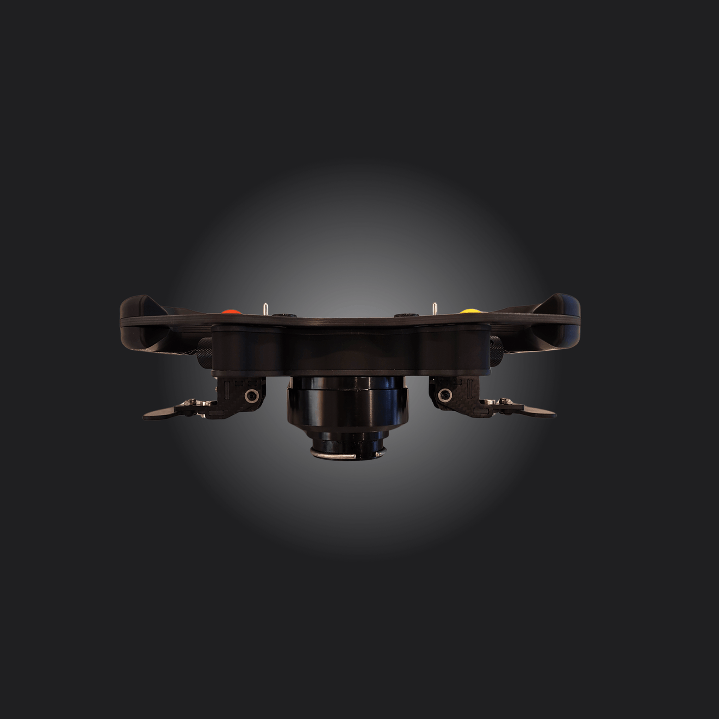 Formula Wheel Hub top view showcasing its advanced inputs and ergonomic design for serious sim racers.