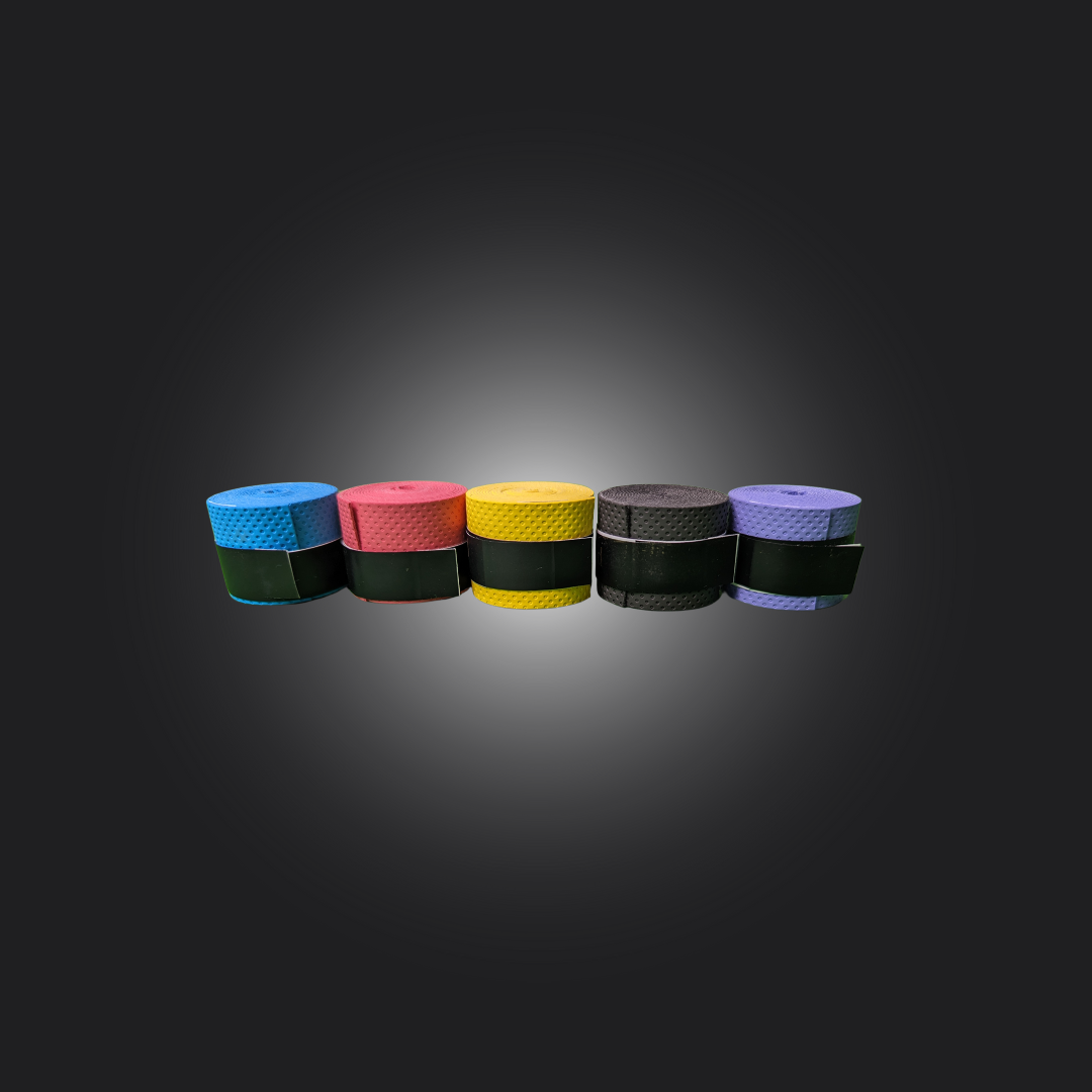 Five handle grips in various colors for sim racing wheels, showcasing customizable options for improved comfort.