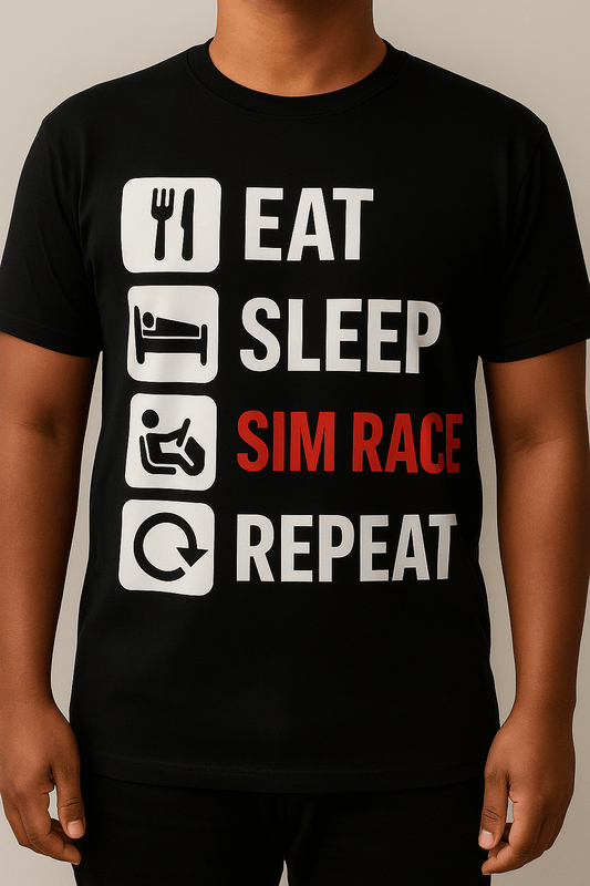 Eat Sleep Sim Race Repeat T-Shirt showcases a bold graphic design, perfect for sim racing fans.