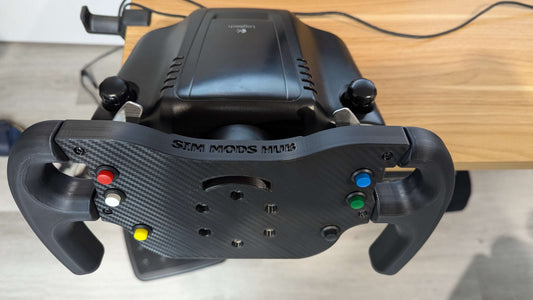 Top view of F1 wheel mod for Logitech G27 featuring buttons for enhanced sim racing experience.