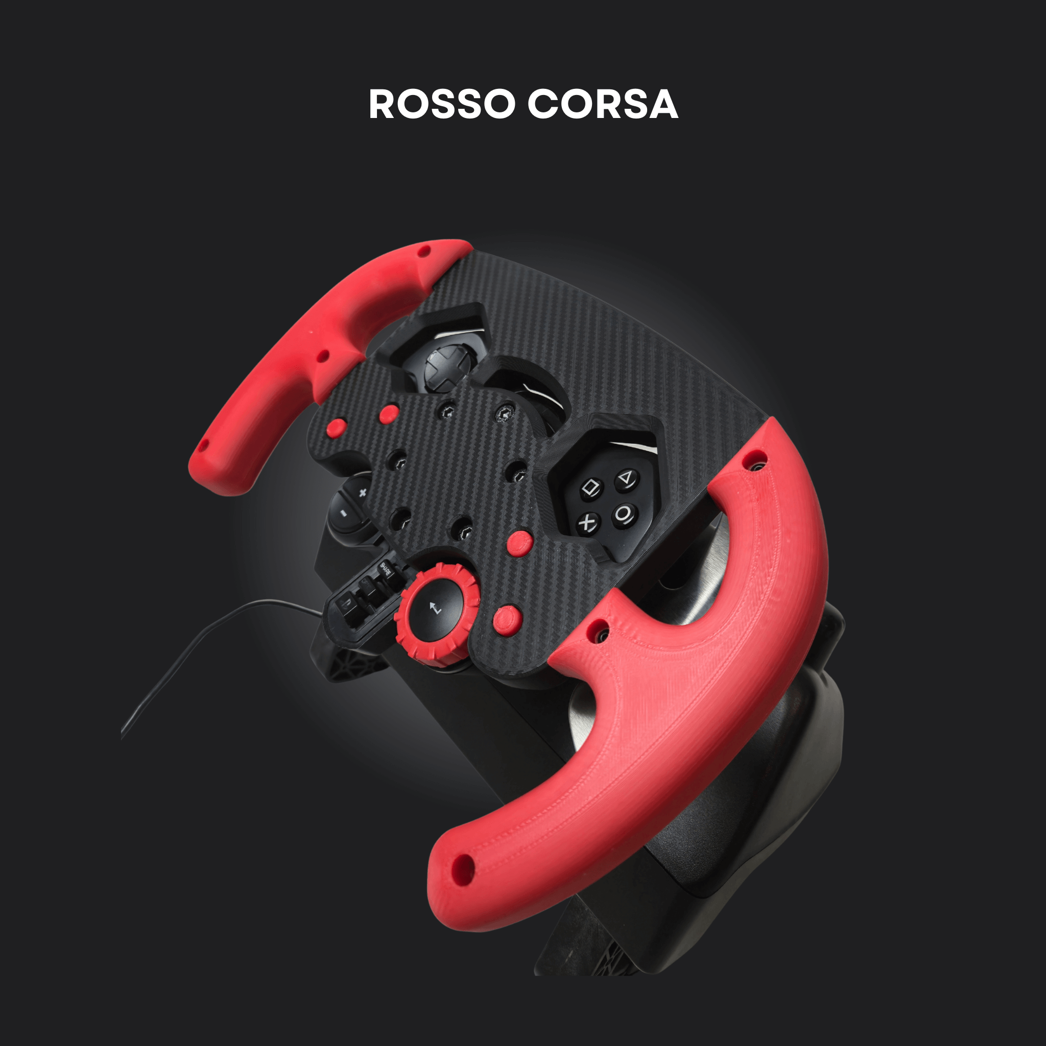Logitech racing wheel mod with red grips and carbon fiber design, named Rosso Corsa, showcasing high-quality sim racing features.