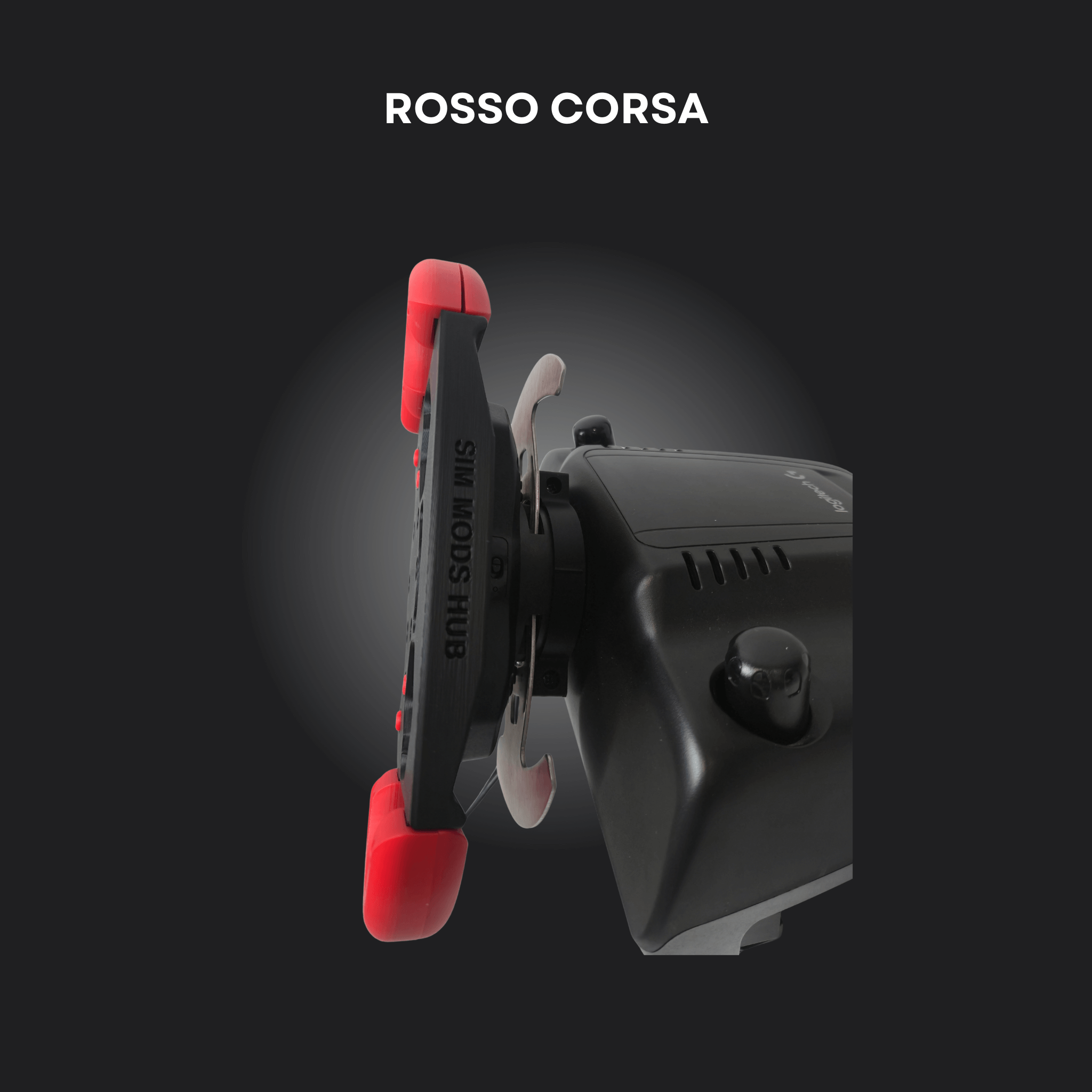 Close-up of F1 Mod for Logitech wheel featuring red custom buttons, perfect for sim racing immersion.