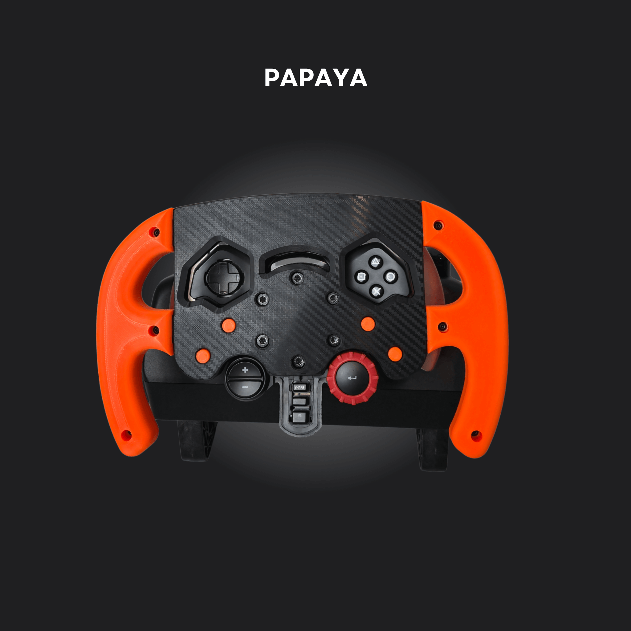 F1 mod steering wheel in papaya color with carbon fiber design and various controls.