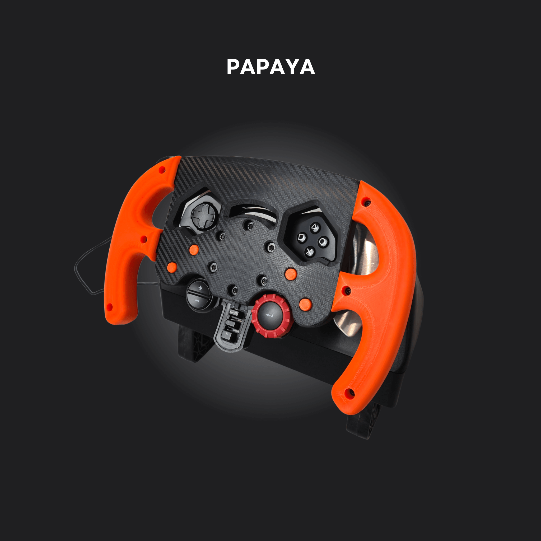 F1 steering wheel mod in papaya color for Logitech G29, G923, G920 with custom controls and ergonomic design.