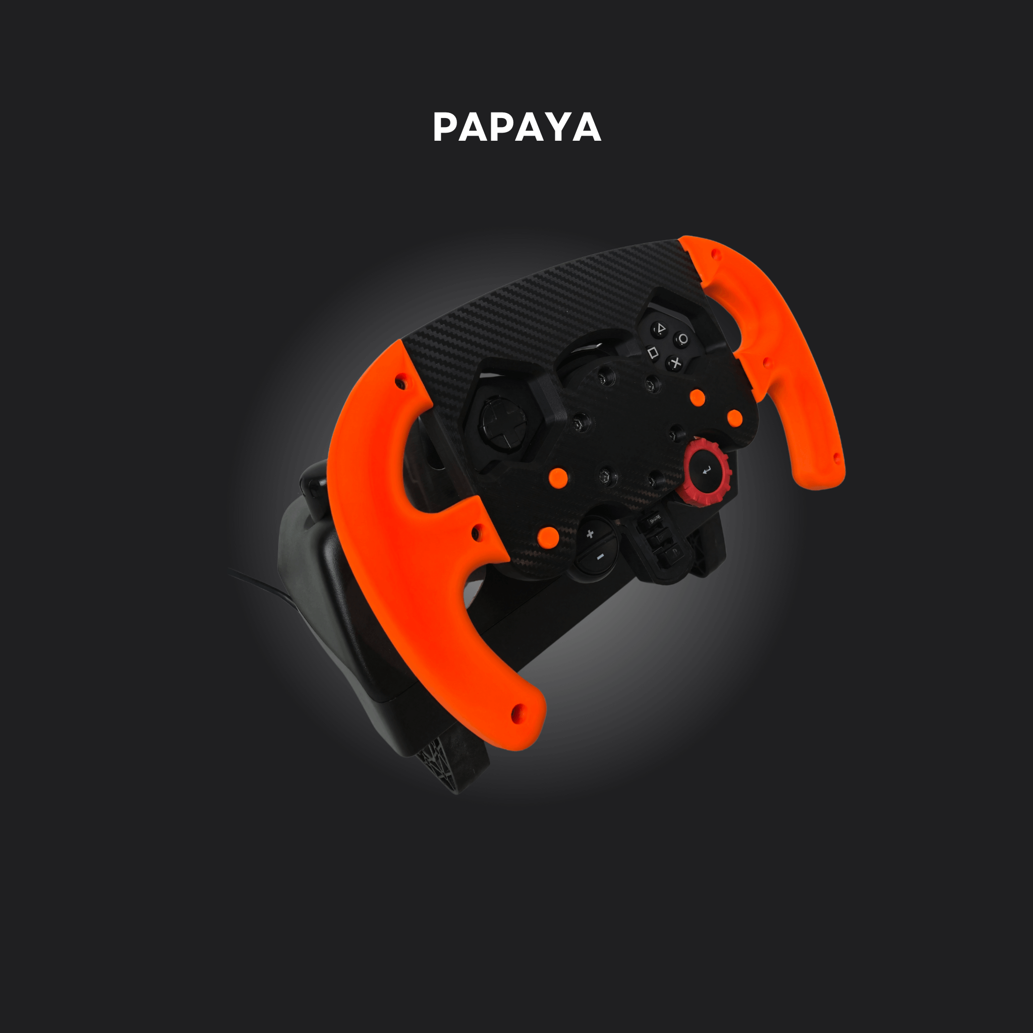 F1 Mod steering wheel in papaya color for Logitech G29, G923, G920 with carbon texture and custom buttons.