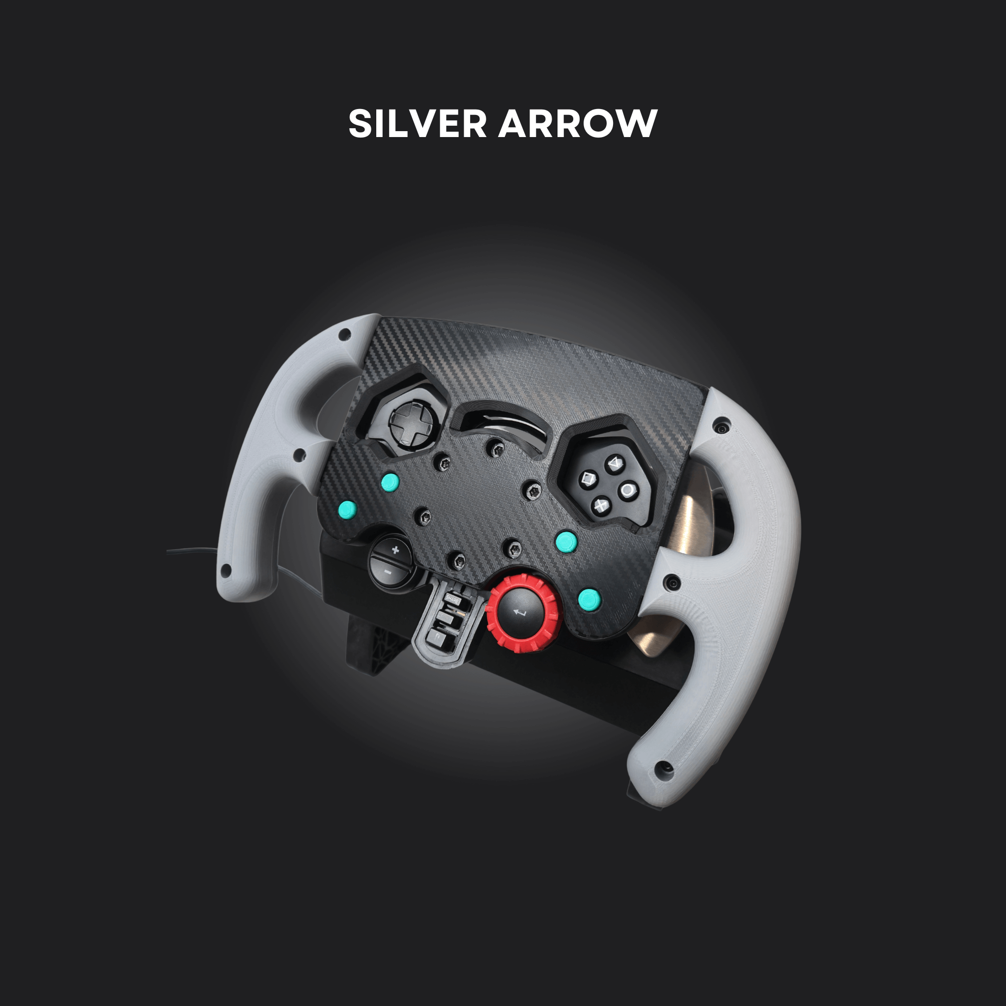 Custom racing wheel controller design named Silver Arrow, featuring a sleek carbon fiber look and ergonomic grips.