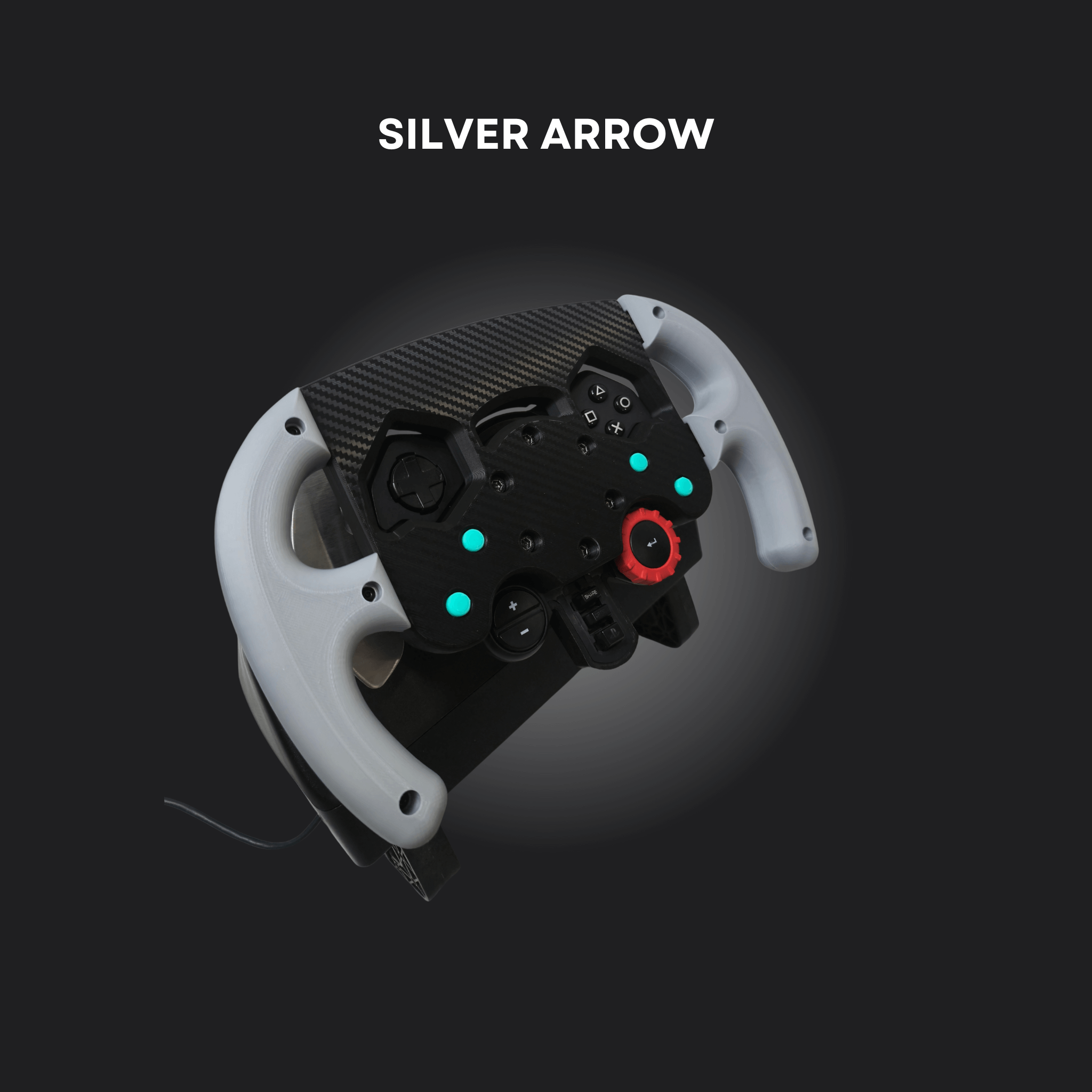 F1 wheel mod named Silver Arrow featuring a carbon fiber design and distinctive button layout.