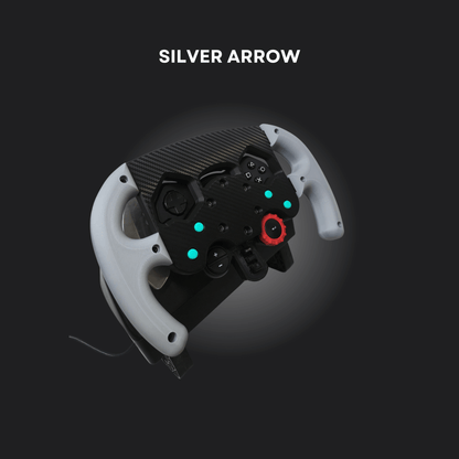 F1 wheel mod named Silver Arrow featuring a carbon fiber design and distinctive button layout.