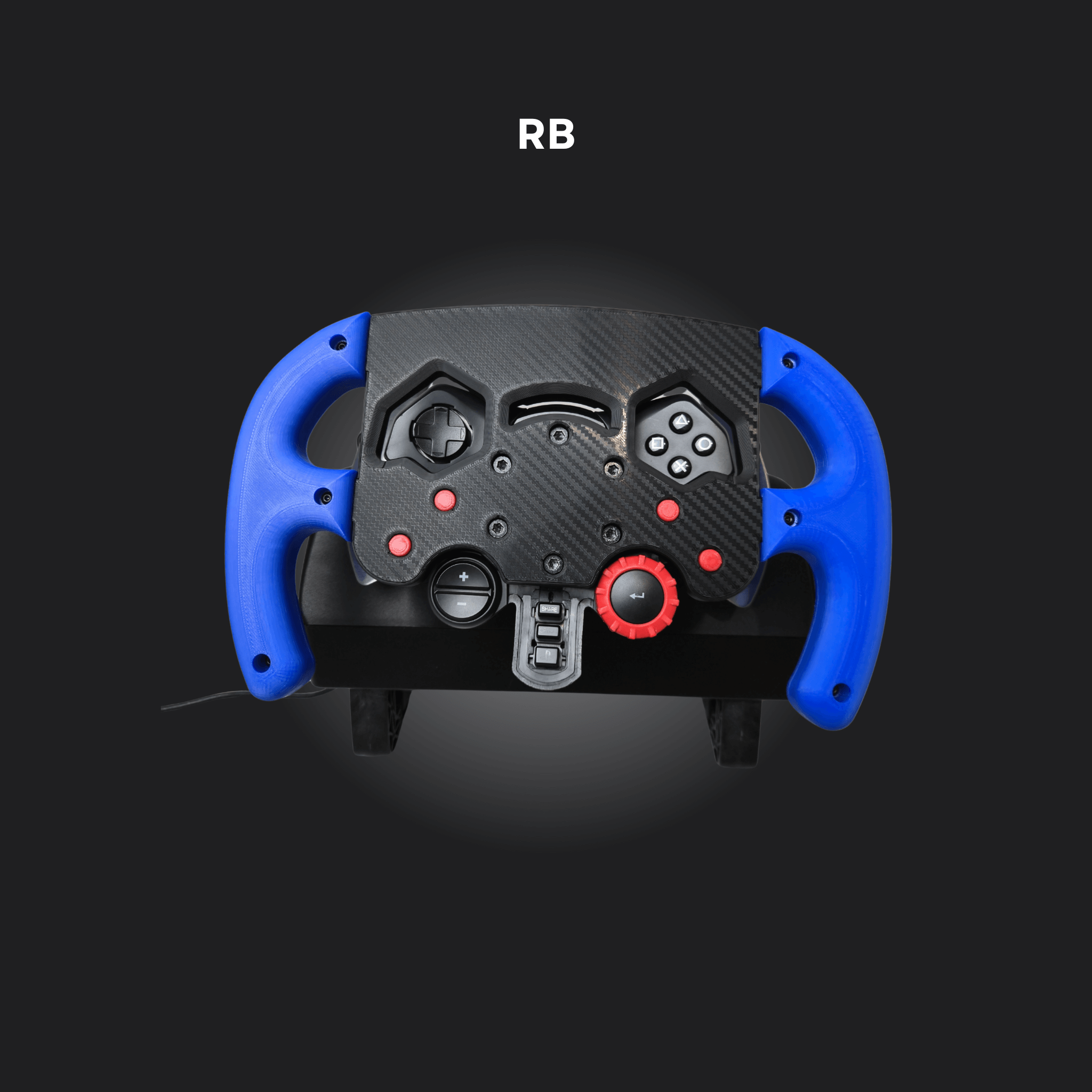 Close-up of a racing wheel with blue grips and carbon fiber design, featuring multi-functional buttons for enhanced sim racing.