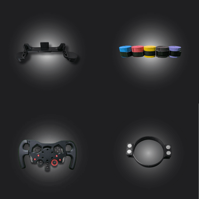 Logitech F1 PC Ultimate Bundle components showcasing a dashboard phone holder mod and colorful button attachments.