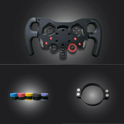 Logitech F1 Console Ultimate Bundle featuring a racing wheel and customizable button caps for sim racing enhancement.