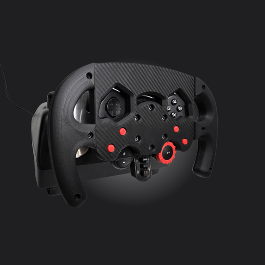 SF Formula Mod for Logitech G29/G923/G920 showing a carbon fiber style racing wheel with red accents.
